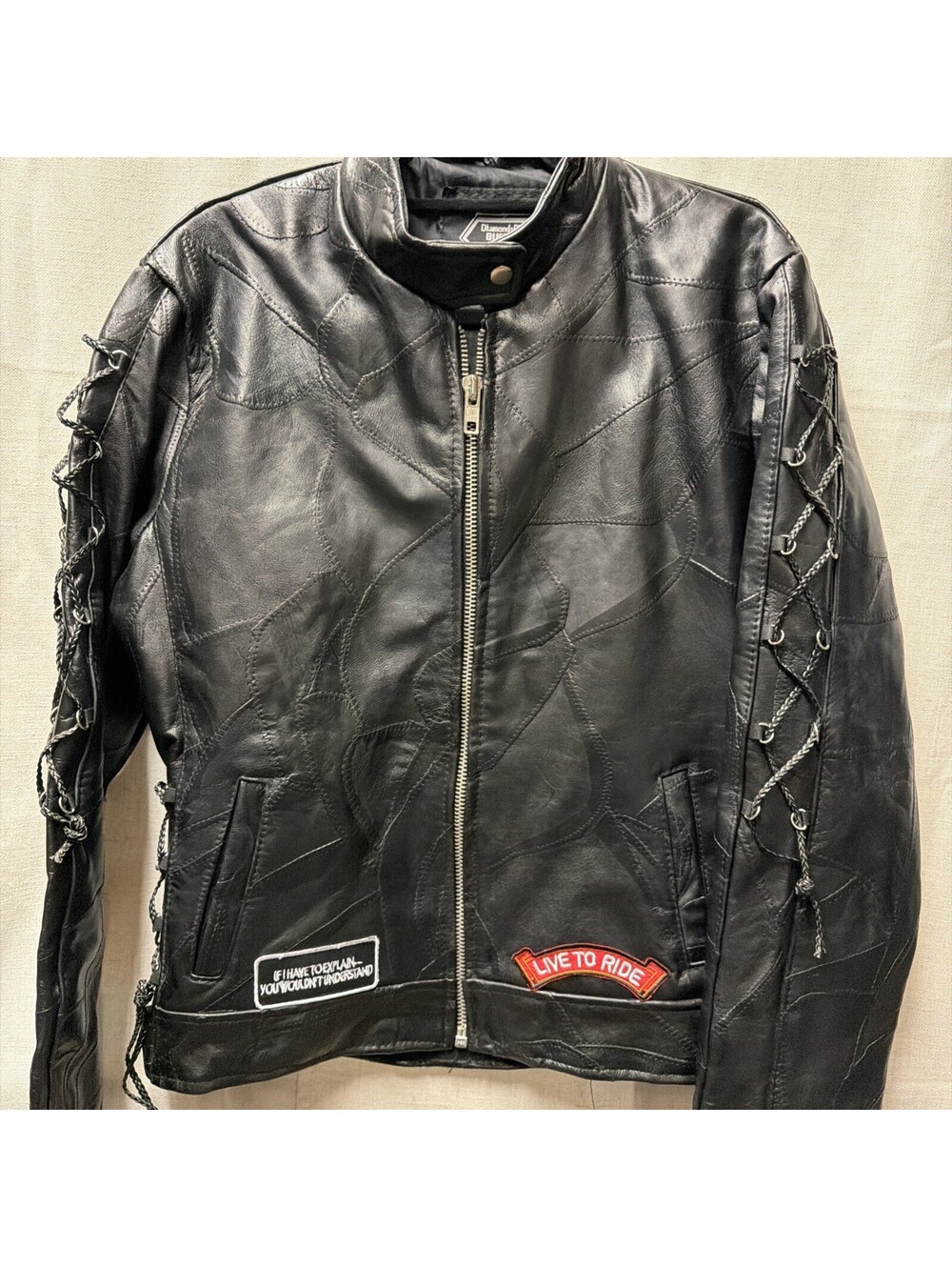 Diamond Plate Womens Black Buffalo Leather Motorcycle Jacket Large